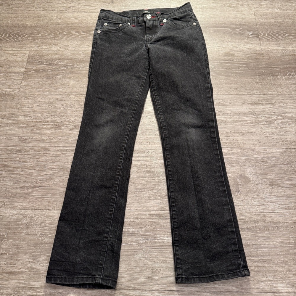 True Religion Ricky Jeans Women 12 Black Cotton Stitch Relaxed Straight 26x27